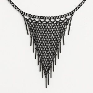 Black Metal Statement Necklace – Gothic Chain Fringe Bib – Adjustable OS